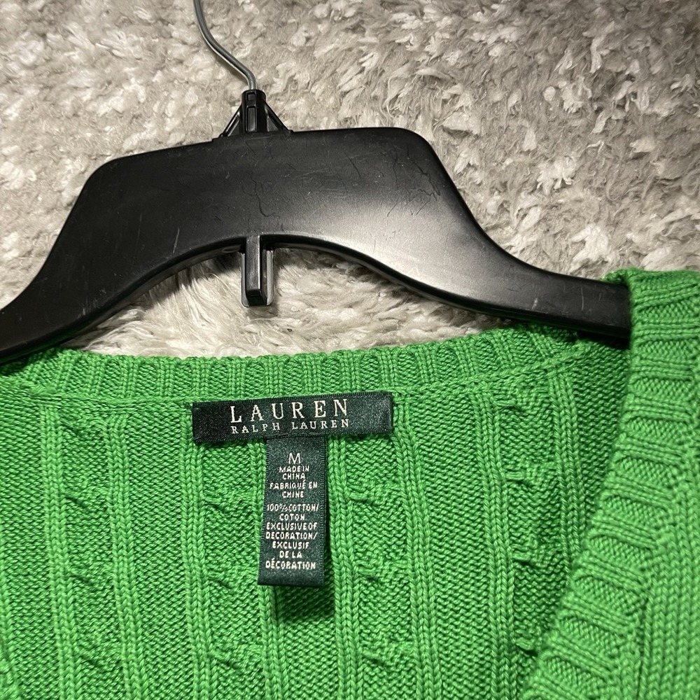 Lauren Ralph Lauren Women Green Cable Knit V-Neck Cotton Sweater M Preppy Tennis - Picture 3 of 10